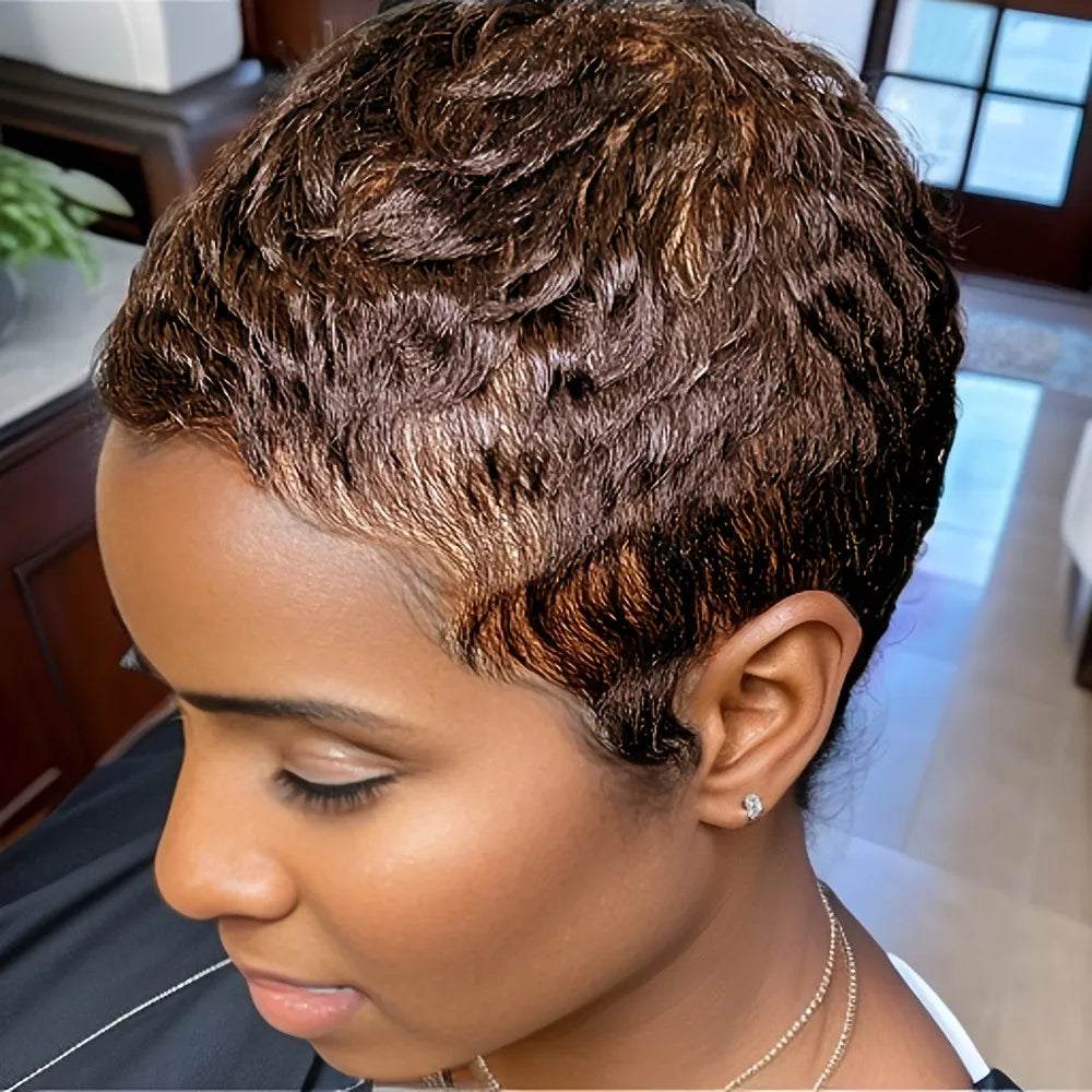 4inch brown color 150% density pixie cut wig short straight layered for women machine made daily paty use human hair wigs  ﻿