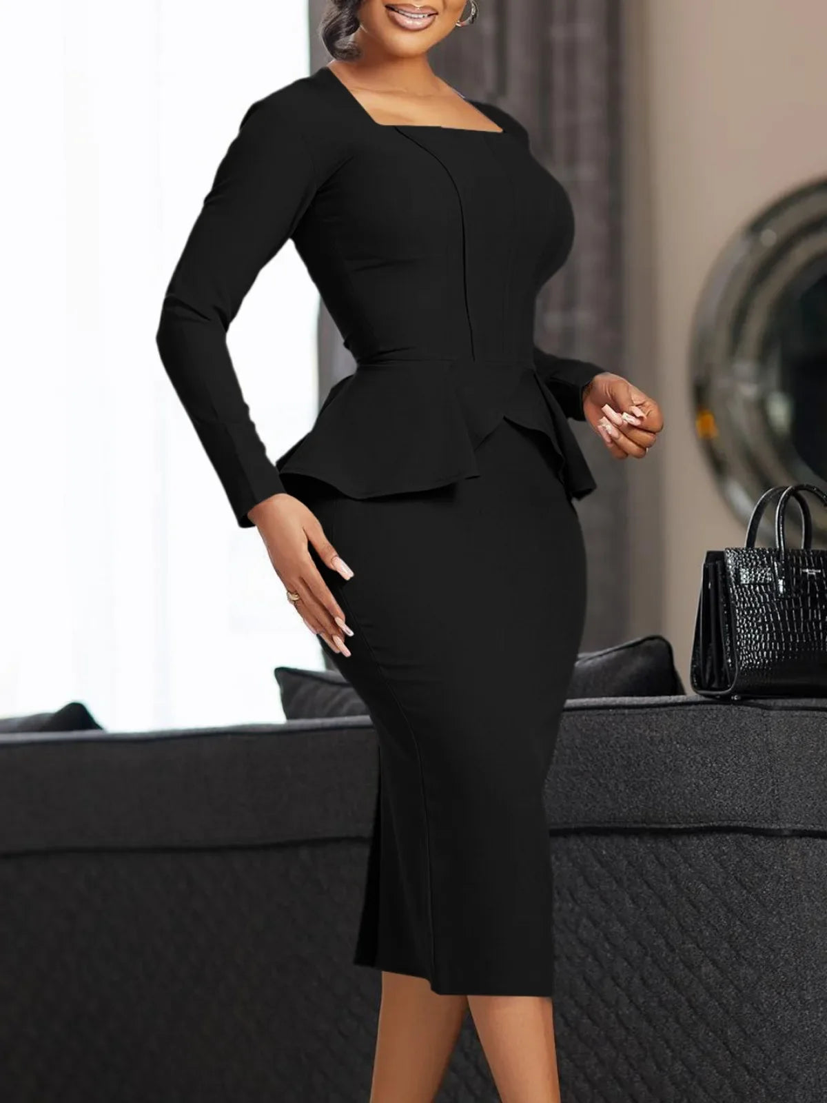Women Solid Color Dress Long Sleeved Square Neck Conservative OL Elegant Ruffled African Dress 2024 Autumn New Hip Hugging Dress