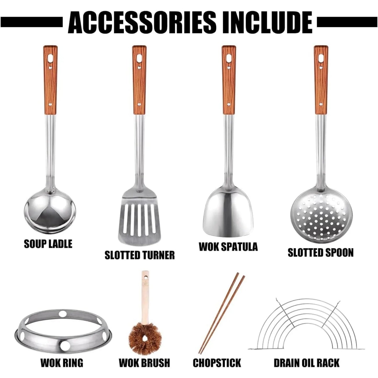 Carbon Steel Wok Traditional Hand Hammered Wok - 13.4" Chinese Wok Round Bottom Wok Pan Set with 8 Pcs Cookware Accessories