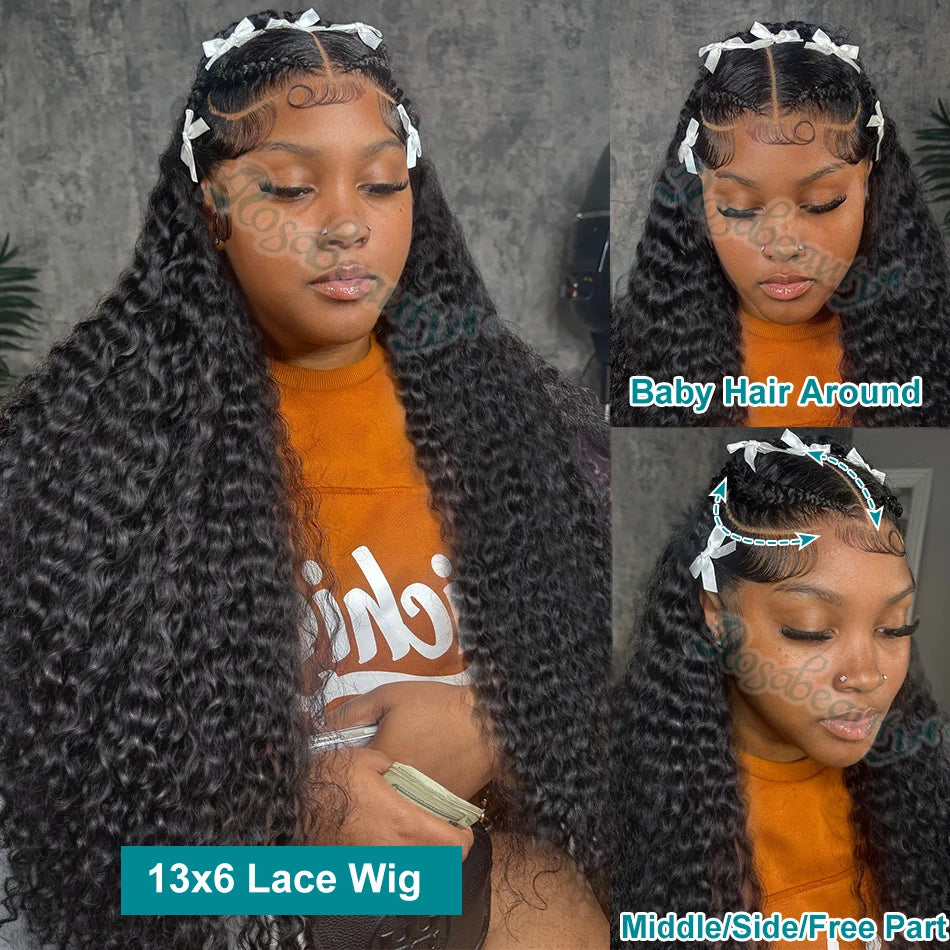 Rosabeauty 200 Density HD 13X6 Transparent Deep Water Wave Curly Lace Frontal Wigs 30 40 Inch 13X4 Lace Front Human Hair Wig