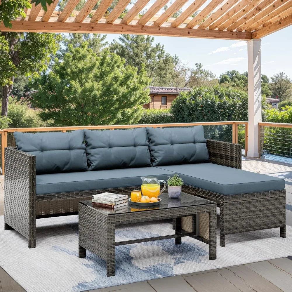 Outdoor Patio Furniture, 3-Piece Waterproof Outdoor Sectional Sofa All-Weather L Shaped Patio Couch with Cushion Glass Table