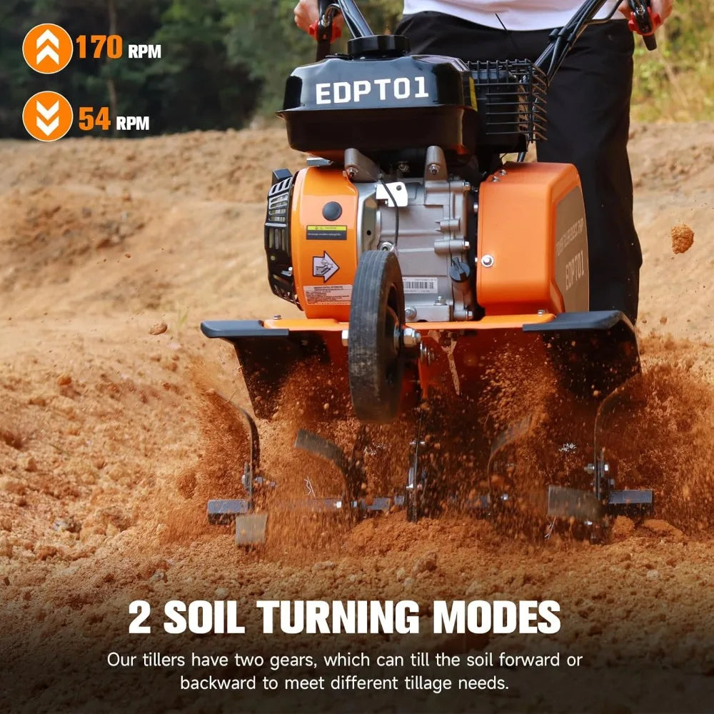 Gas Power Tiller, 212CC Heavy Duty Garden Tiller 4 Stroke Gas Engine with Premium Blade, Forward and Reverse Gear