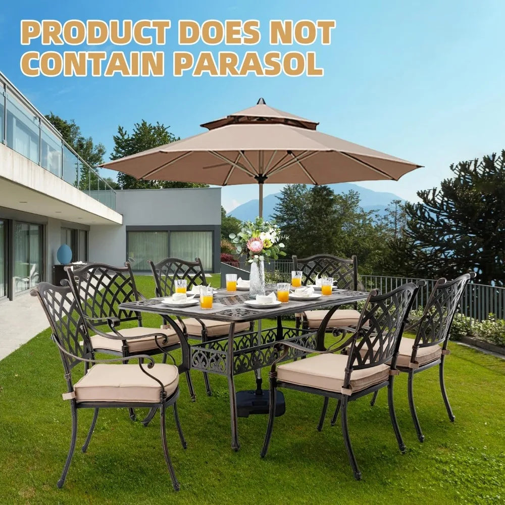 7-Piece Cast Aluminum Outdoor Table and Chairs, Antique Bronze Patio Dining Sets Include 60" Large Patio Dining Table and 6 Chai