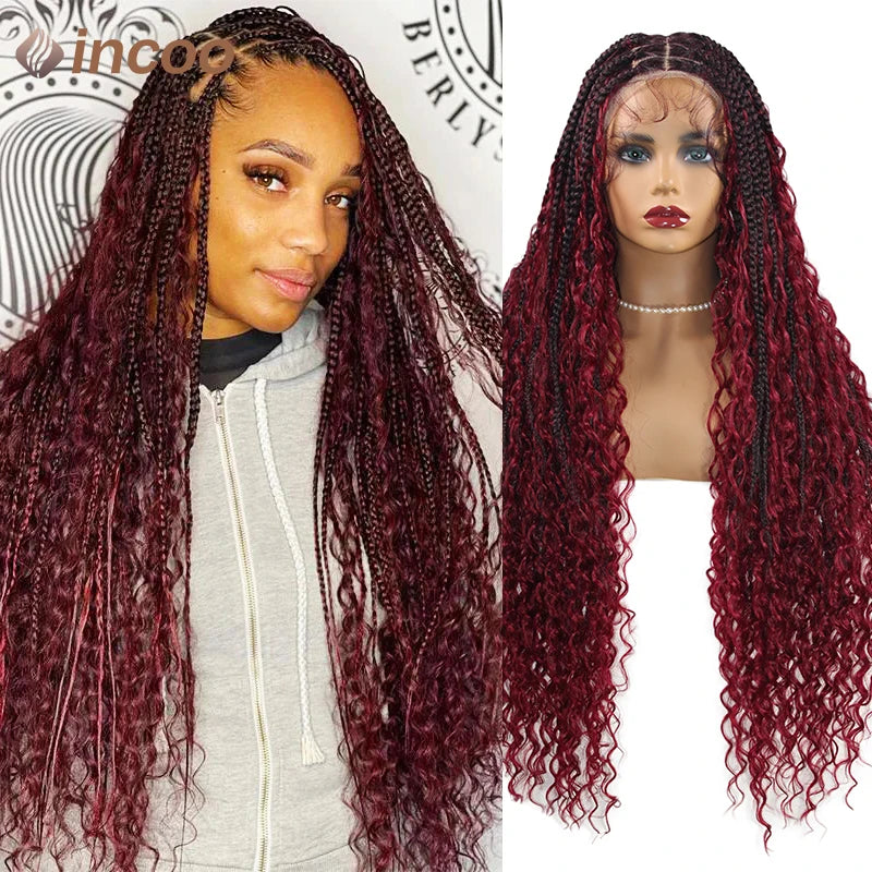 Boho Box Braided Wigs Curly Hair Synthetic Full Lace Front Wigs for Black Women Goddess Locs Braid Wig Bohemian Box Braid Wig