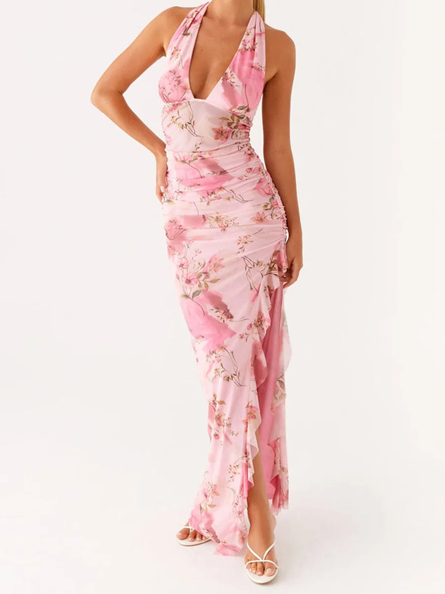 Elegant Off Shoulder Maxi Dress with Ruffle Detail and Slit Sleeveless Floral Print Bodycon Evening Gown for Women