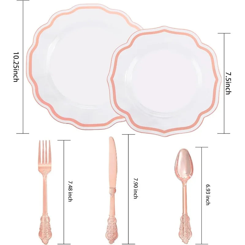 150PCS Rose Gold Plastic Plates&Rose Gold Silverware-Include 30Dinner Plates, 30Salad plates, 90 Disposable Rose Gold Utensils