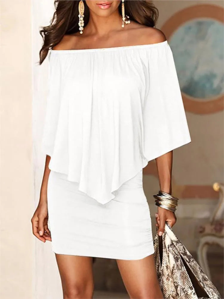 2025 Spring/Summer New Fashion Slash Neck Geometric Irregular Ruffles Wrapped Hips Dresses Casual Elegant Sexy Women Mini Dress