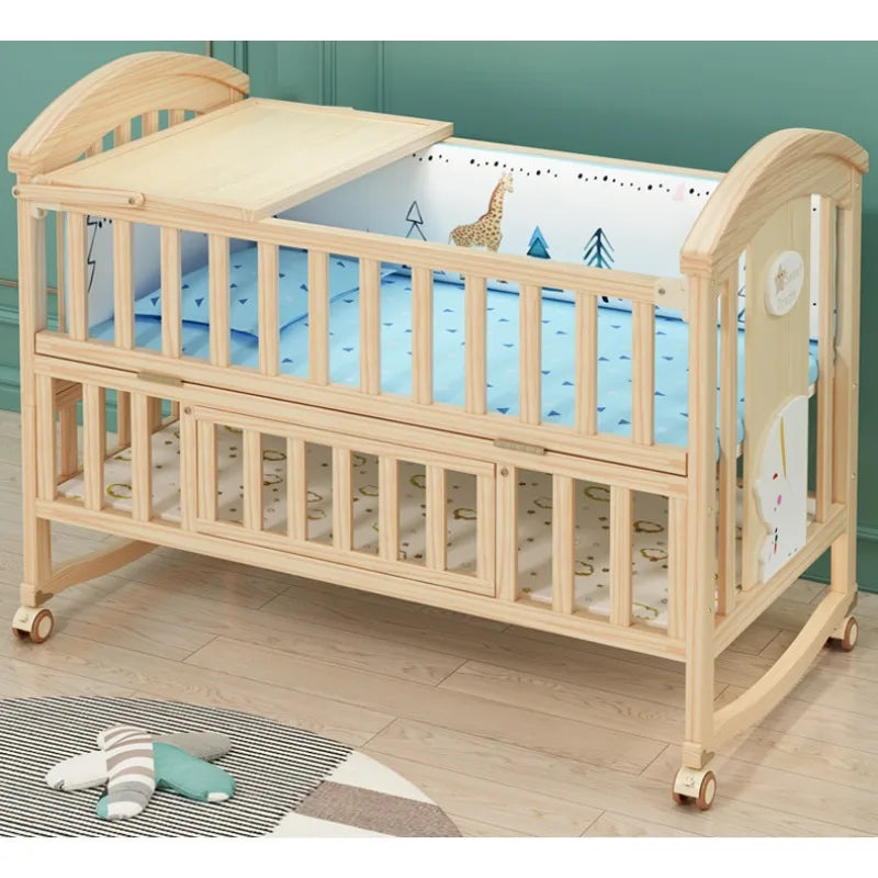Comfortable Baby Bed,Solid Wood,Movable,with Diaper Changing Table and Mosquito Net,Multifunctional Baby Bed, Adjustable Height