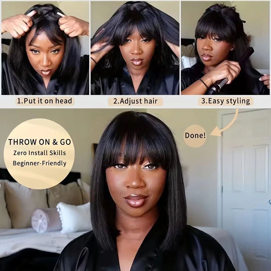 3X1 Middle Part Lace Bob Wig Bone Straight Human Hair Wigs With Bangs Brazilian Full Machine Made 100% Human Hair Wigs For Women