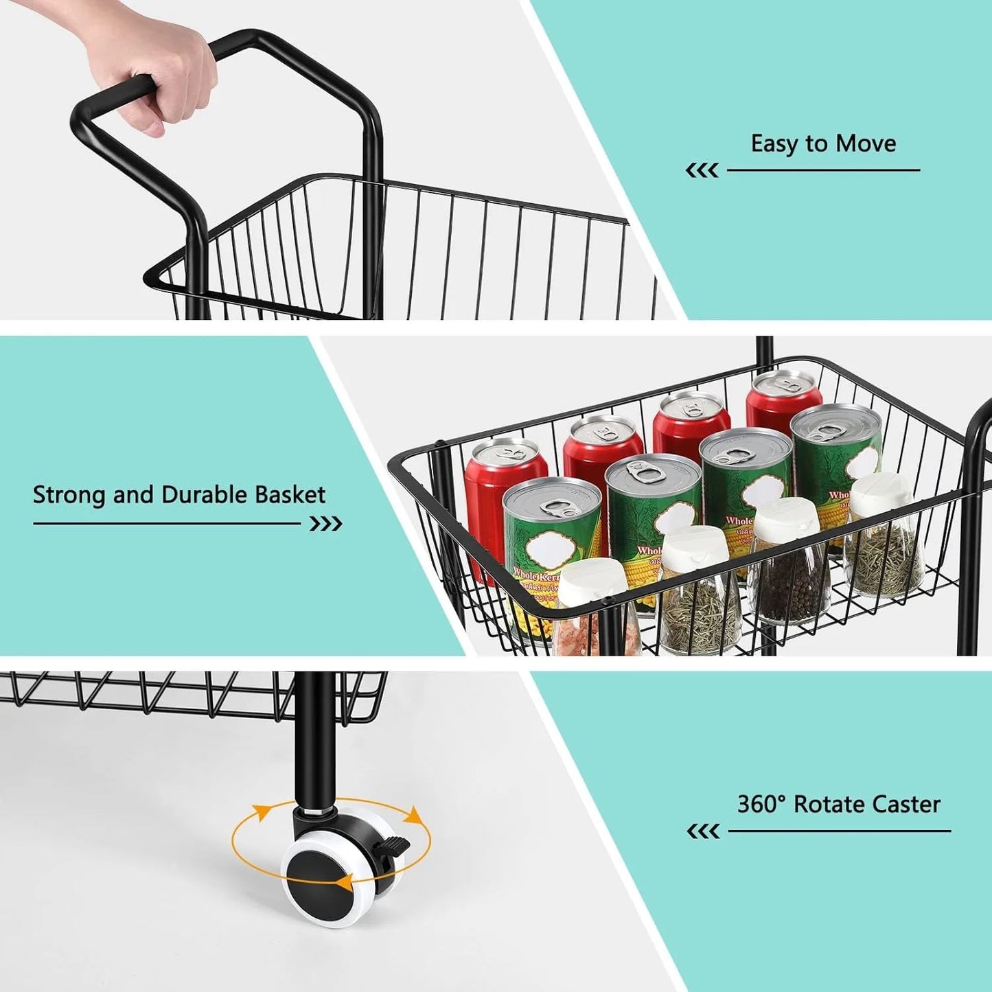 Metal 3-Tier Rolling Kitchen Cart | Multi-Purpose Storage with Handle & Basket | Living/Dining/Laundry Utility Cart, Black