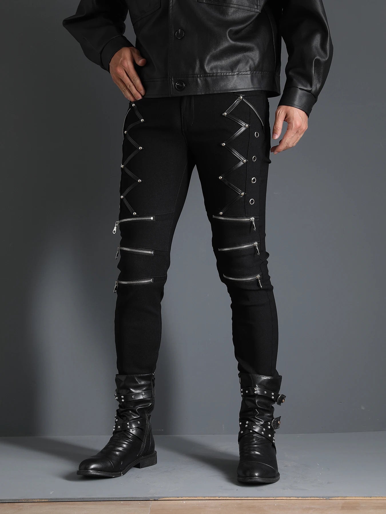 Men's Motorcycle Gothic Steampunk Stylish rock style Zippers studded  Rivet Elastic Stretchy Night Club Denim Jeans Biker Pants