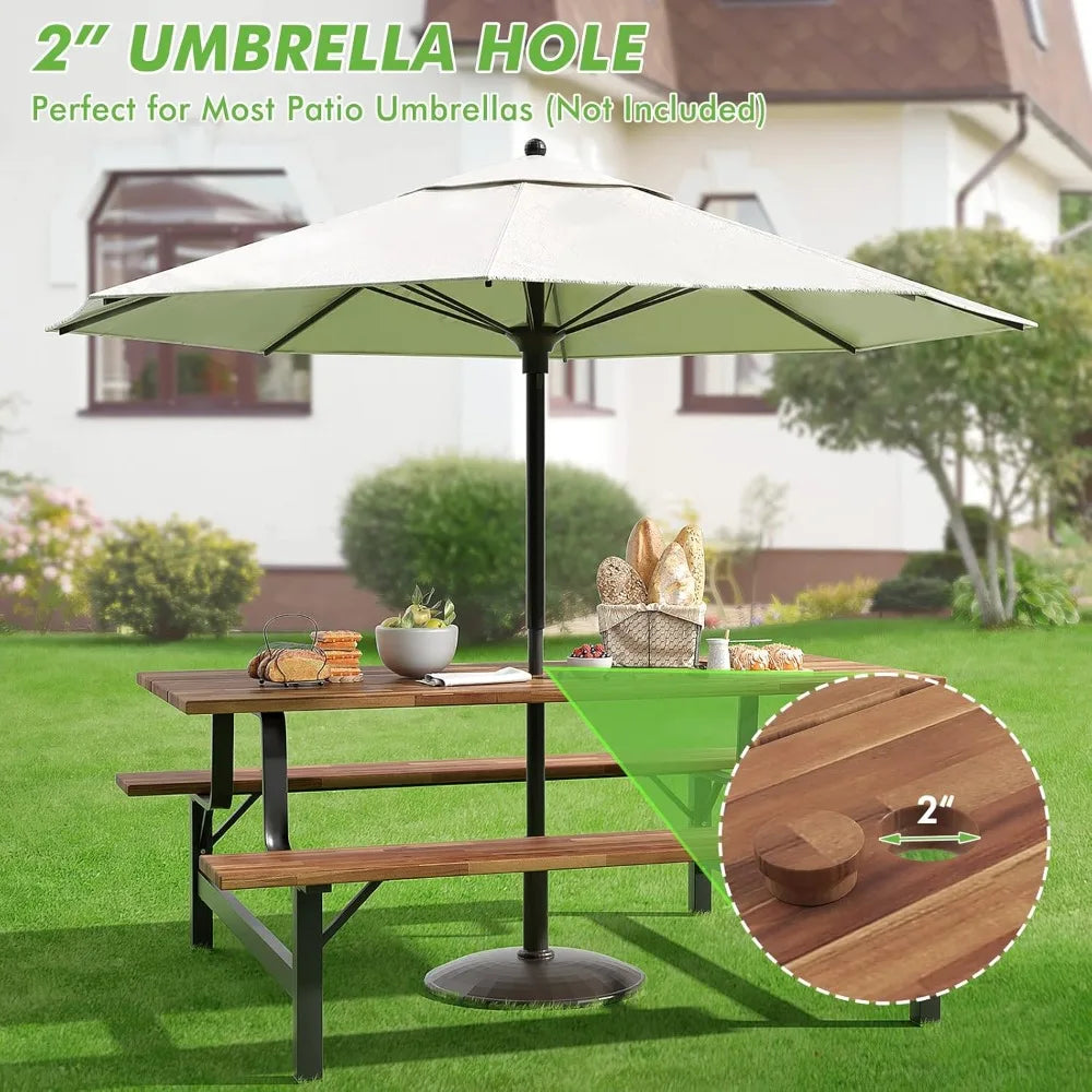 Picnic Table Bench Set for 6 or 4 Persons, 6FT Large Camping Table, Acacia Wood Outdoor Dining Table Set with 2” Umbrella Hole