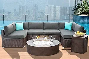Outdoor Sectional 5-Piece Wicker Patio Furniture Set Sofa Conversation Set w 50,000 BTU Rectangle Fire Pit Coffee Table Wind Gu