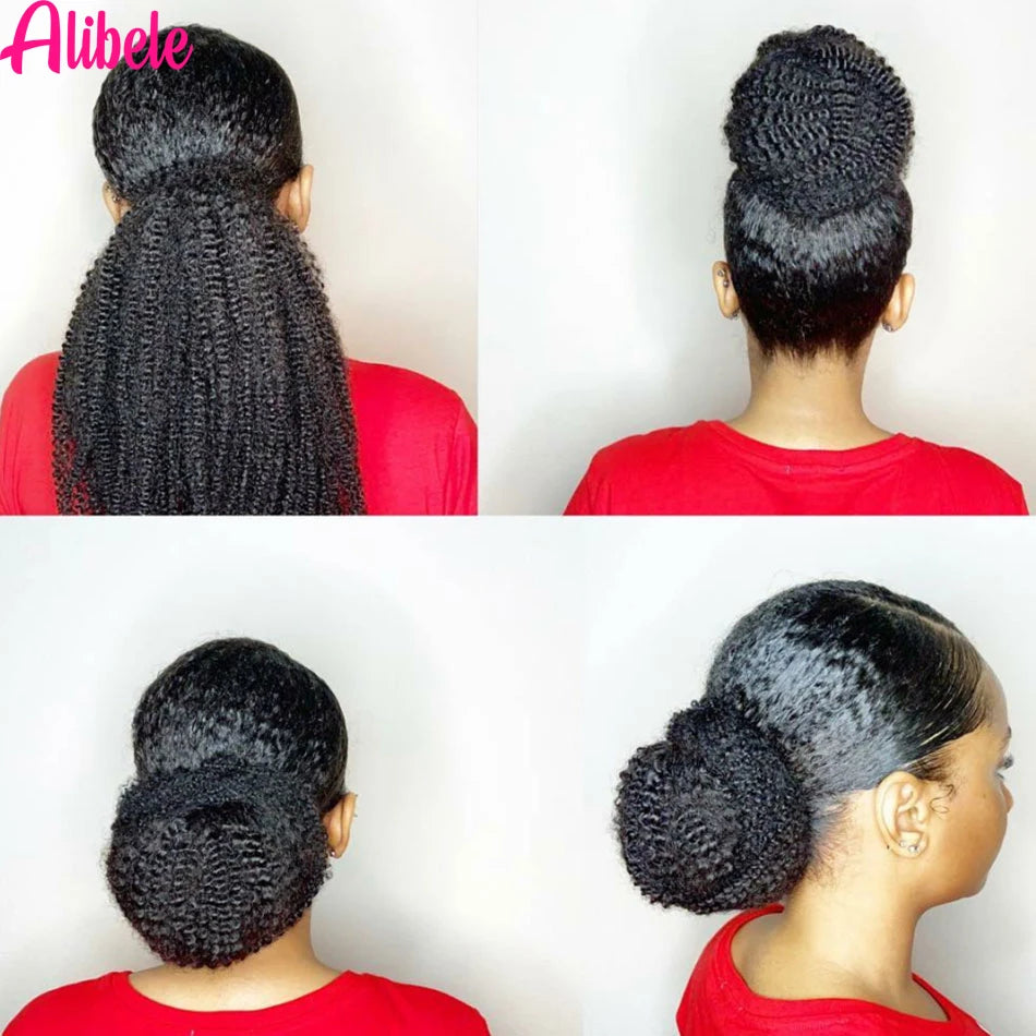 Alibele Afro Kinky Curly Drawstring Ponytail Human Hair Extensions Mongolian 4B 4C Remy 10-28 inch Clips In Wrap Around Ponytail
