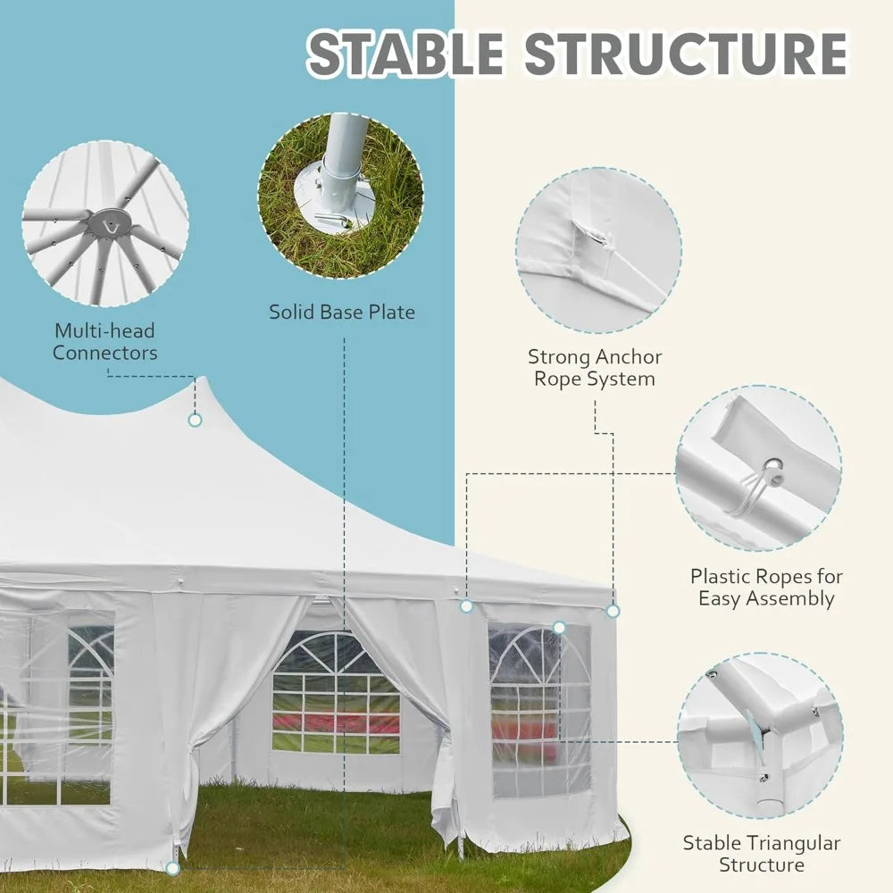 29x23ft Party Tent, White Wedding Tent, Dodecagonal Heavy Duty Canopy with Removable Sidewalls, 10 Church Windows and 2 Pull-Ba