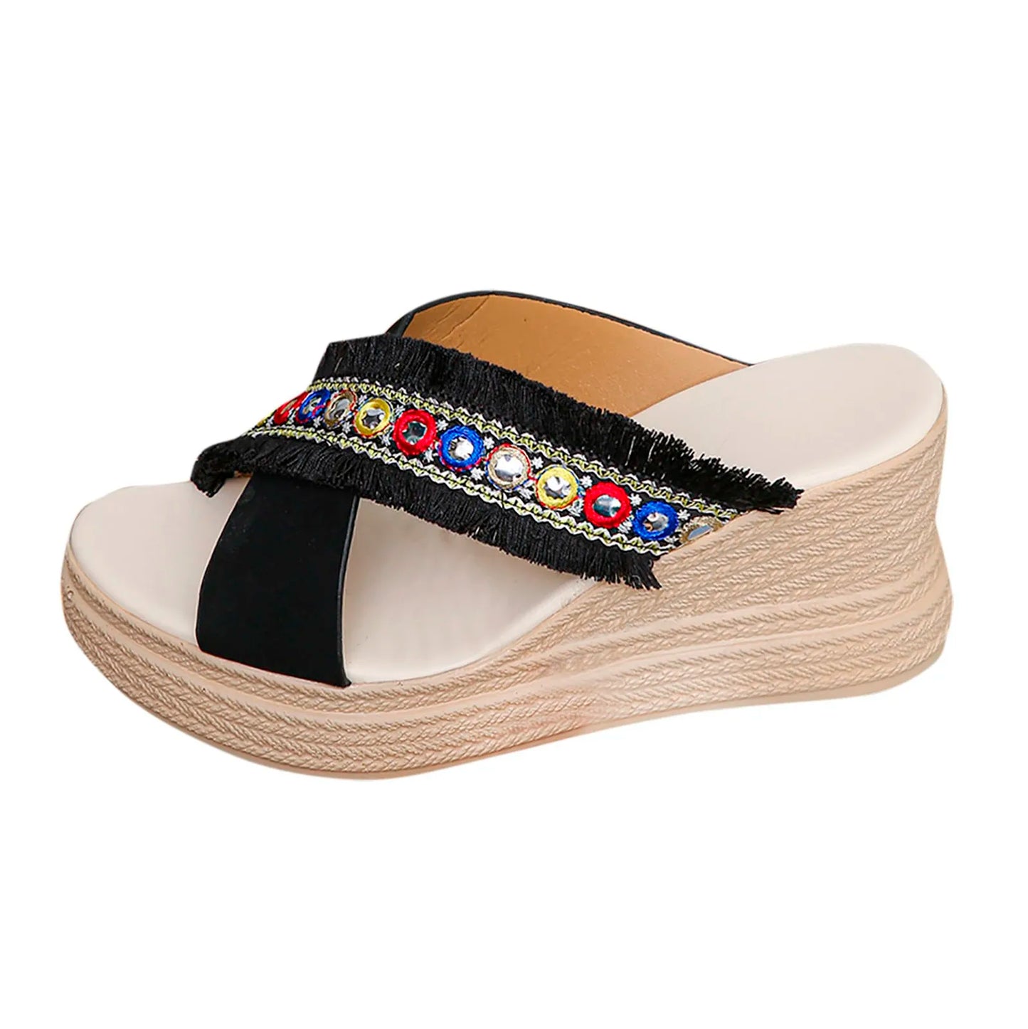 Women's Summer Sandals Fashion Woven Ethnic Open Toe Wedge Slippers Casual Comfortable Beach Slippers Ladies Slide Zapatos Mujer