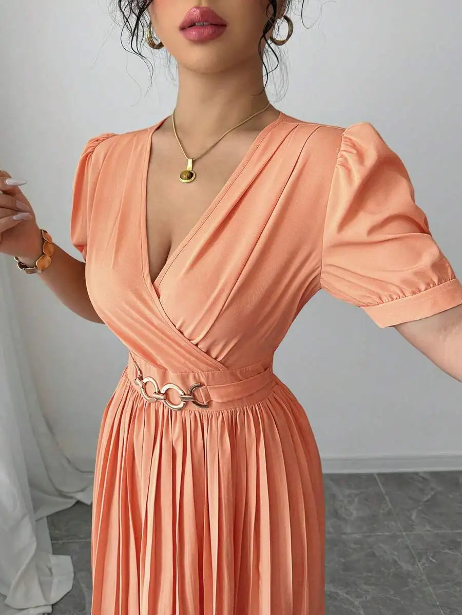 Peach Pleated A-Line Dress with V-Neck, Puffed Sleeves and Decorative Waist Belt