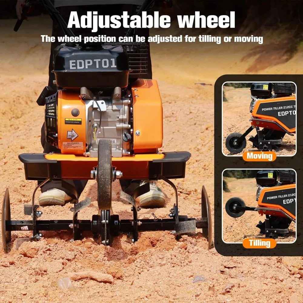 Gas Power Tiller, 212CC Heavy Duty Garden Tiller 4 Stroke Gas Engine with Premium Blade, Forward and Reverse Gear
