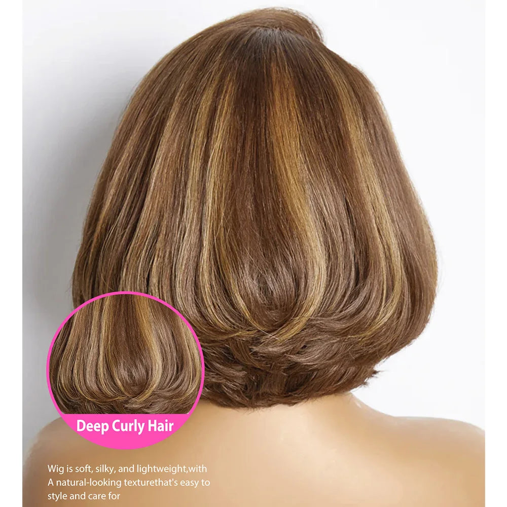 180% Density Toffee Brown Short Bob Lace Front Wig Human Hair Glueless Closure HD Lace Short Bob Wig Pre Plucked For Women