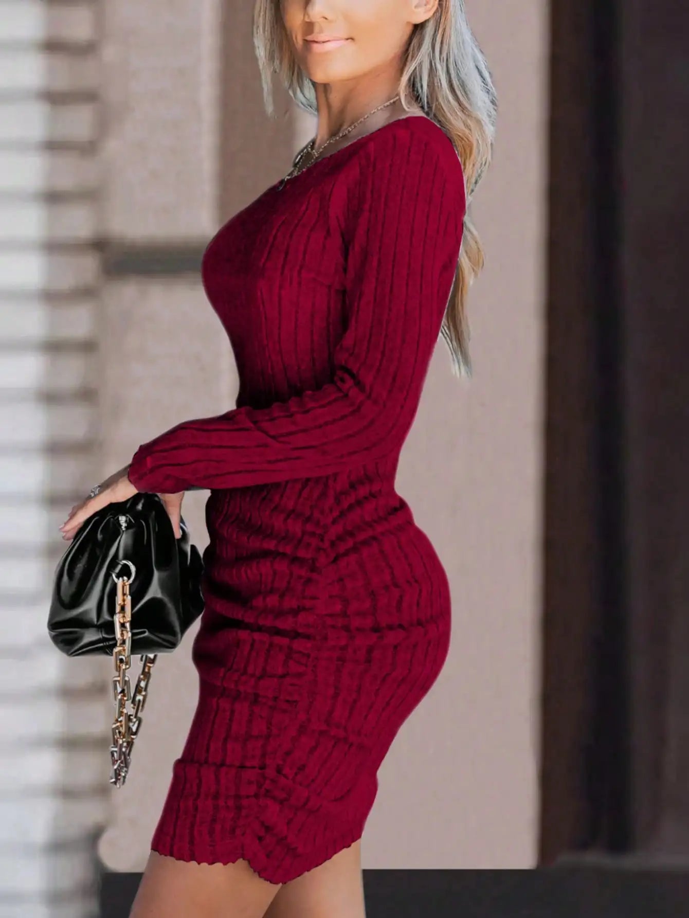 A Wine-red Off-the-shoulder Long-sleeved Tight Dress for Women - A Pleated Party Dress Bodycon Summer Casual Dress
