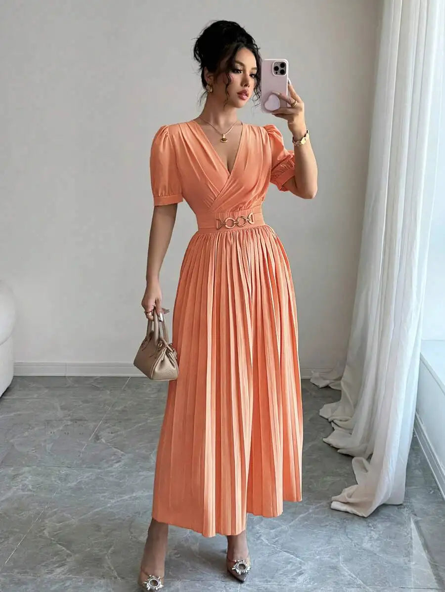 Peach Pleated A-Line Dress with V-Neck, Puffed Sleeves and Decorative Waist Belt