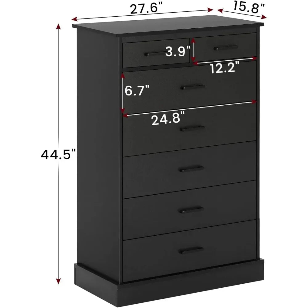 Black Dresser for Bedroom, Tall 7 Drawer Dresser with Sturdy Base, Wood Storage Tower Clothes Organizer, Large Storage Cabinet