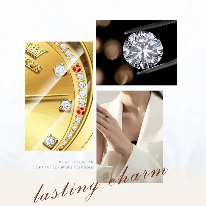 OLEVS 7017 Elegant Brand Women's Watch Luxury Diamond Rhombus Mirror Waterproof Quartz Watch Gold Dress Bracelet Women's Watch