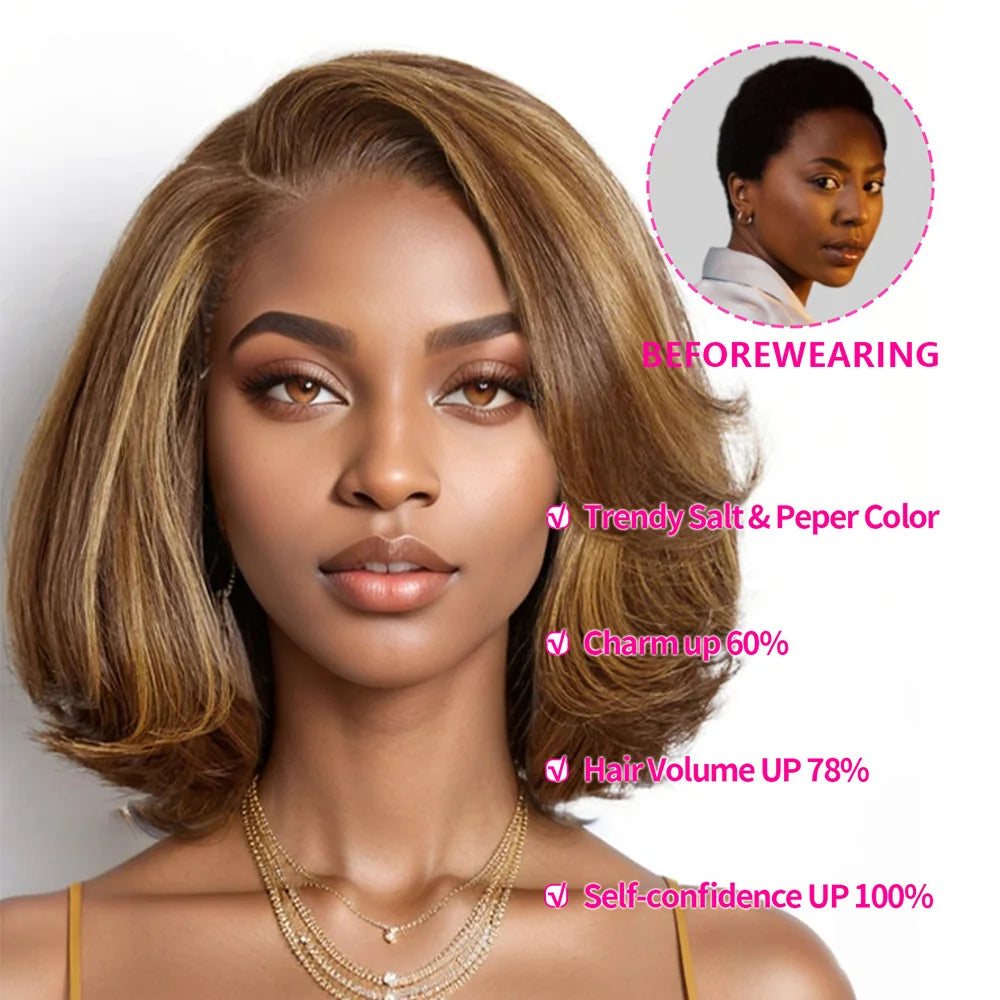 180% Density Toffee Brown Short Bob Lace Front Wig Human Hair Glueless Closure HD Lace Short Bob Wig Pre Plucked For Women