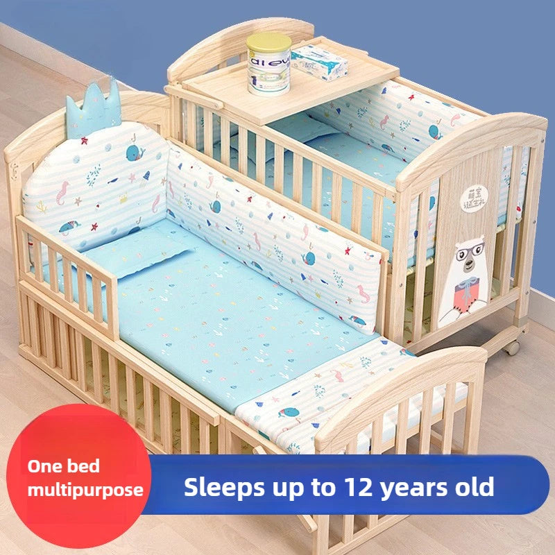 Comfortable Baby Bed,Solid Wood,Movable,with Diaper Changing Table and Mosquito Net,Multifunctional Baby Bed, Adjustable Height