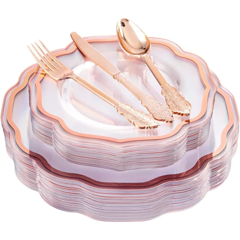 150PCS Rose Gold Plastic Plates&Rose Gold Silverware-Include 30Dinner Plates, 30Salad plates, 90 Disposable Rose Gold Utensils