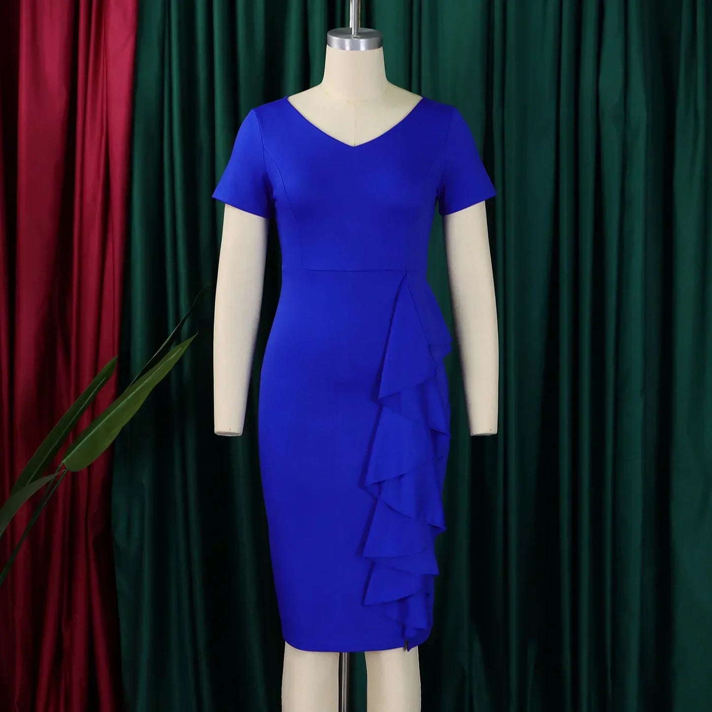 Women V-neck Elegant Short Sleeve Mult Ruffles Midi Dress Autumn OL Work Pencil Streetwear Africa Club Dresses Vestidos