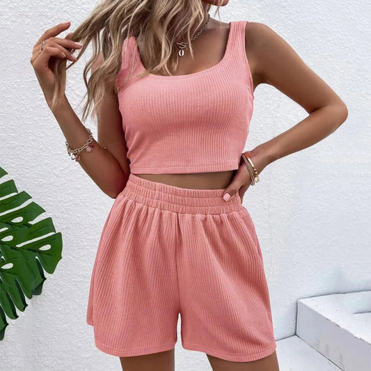 Two Piece Outfits Women Summer Shorts Sets Sleeveless Crop Top And High Waist Shorts 2 Piece Outfit Soild-Color Casual Set