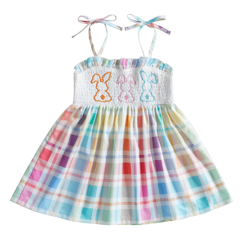 Girls Floral Print Dress Sleeveless Ruffle Hem Bow Tie Back Smocked Dress Toddler A-Line Dress with Embroidery