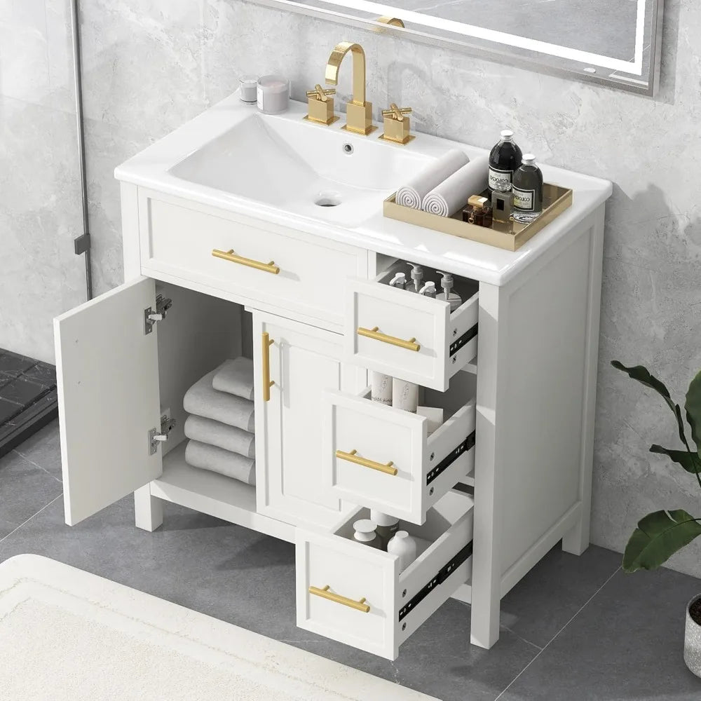 36" Bathroom Vanity with Offset Sink, Freestanding Bathroom Sink Cabinet with 3 Drawers & 2 Doors, Solid Wood Bathroom Vanity