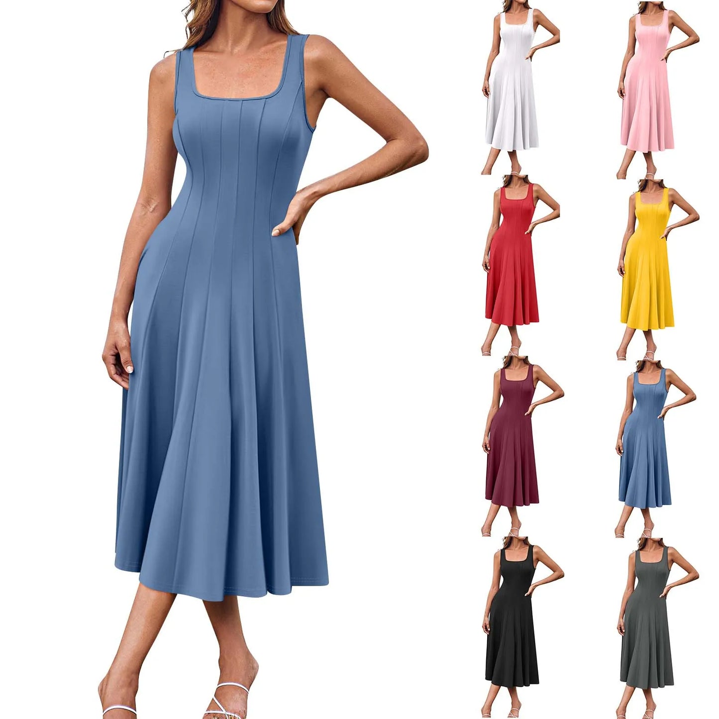 Women's Elegant solid color dress Spring Summer Casual Fashion long dresses Round Neck Sleeveless Side Pocket Midi Dress
