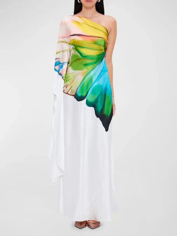 Female Stylish Flower Print One-Shoulder Party Evening Maxi Dresses 2025 New Asymmetric High Waist A-line Long Dress