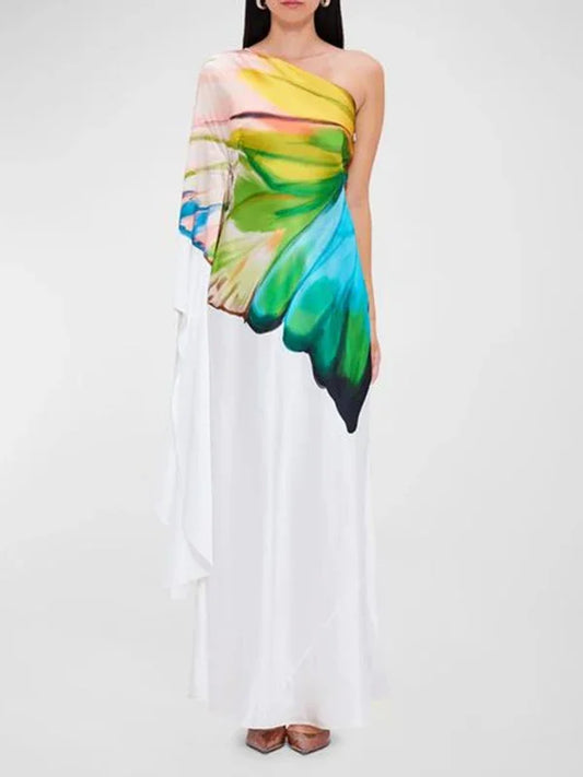 Female Stylish Flower Print One-Shoulder Party Evening Maxi Dresses 2025 New Asymmetric High Waist A-line Long Dress