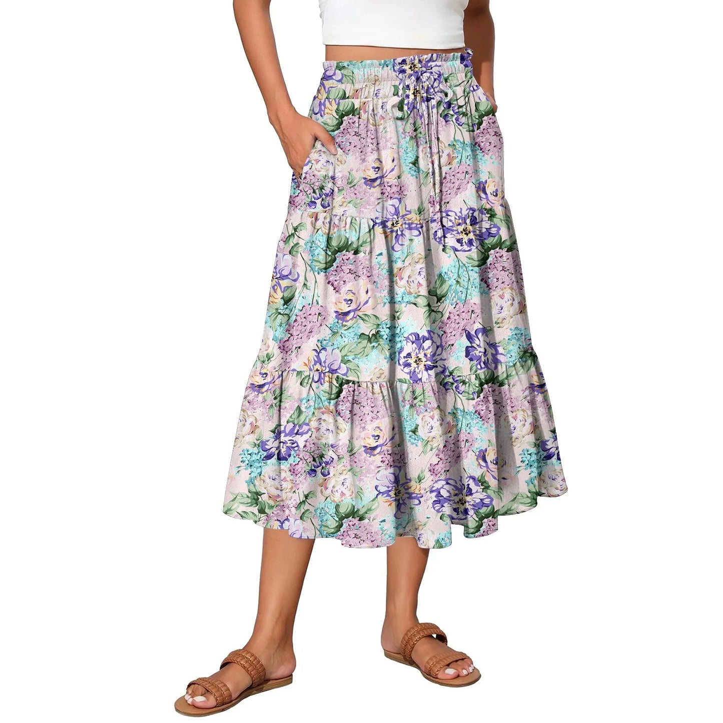 Womens Maxi Skirt Drawstring High Waisted Summer Long Skirts Lightweight Tiered Flowy Floral Pleated Skirts Vestidos Para Mujer