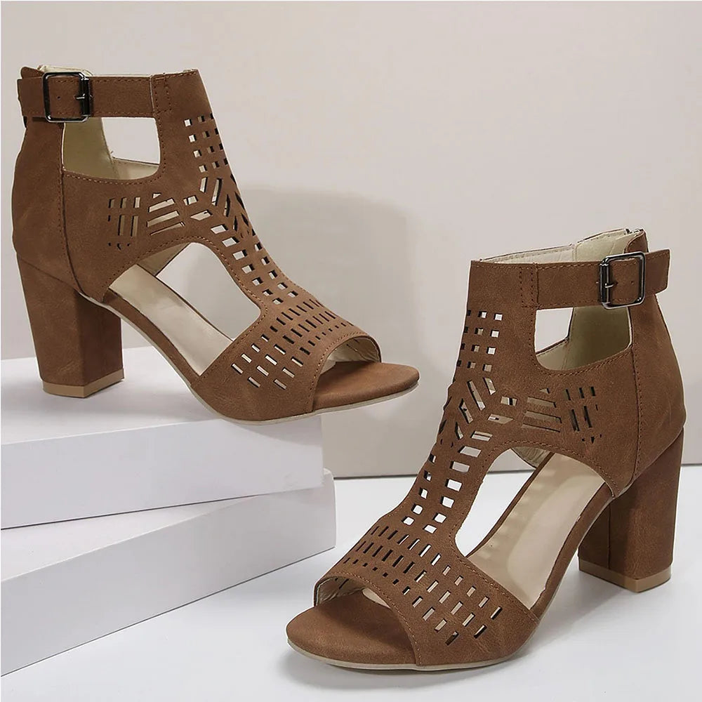 DoraTasia New Fashion Concise Women's Buckle High Heel Sandals Retro Hollow Out Design Chunky Heel Nightclub Ladies Sandals