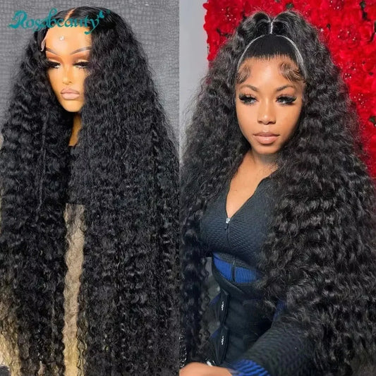 Rosabeauty 200 Density HD 13X6 Transparent Deep Water Wave Curly Lace Frontal Wigs 30 40 Inch 13X4 Lace Front Human Hair Wig