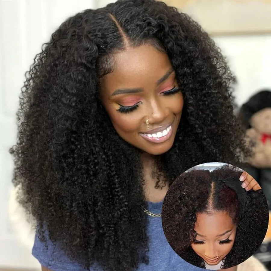Glueless Kinky Curly V Part Wig Human Hair No Lace Wig Deep Wave Frontal Wig Water Wave Human Hair Wig Brazilian Hair For Women