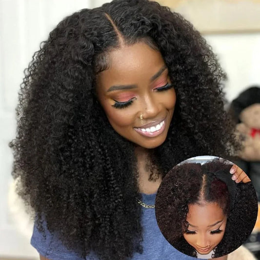 Glueless Kinky Curly V Part Wig Human Hair No Lace Wig Deep Wave Frontal Wig Water Wave Human Hair Wig Brazilian Hair For Women