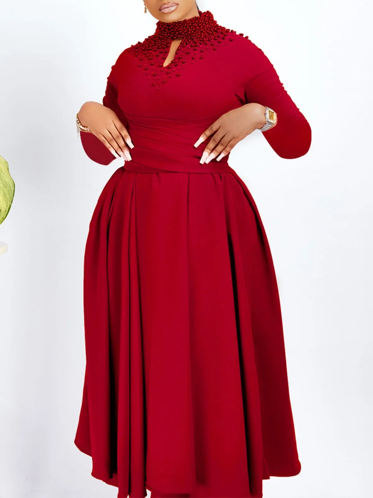 Women's Solid Color 2024 Autumn New Long Sleeve Fashionable High Neck Hollow Out Elegant Beaded Hem Cinched Waist Long Dress