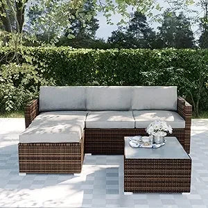 Outdoor Sectional 5-Piece Wicker Patio Furniture Set Sofa Conversation Set w 50,000 BTU Rectangle Fire Pit Coffee Table Wind Gu