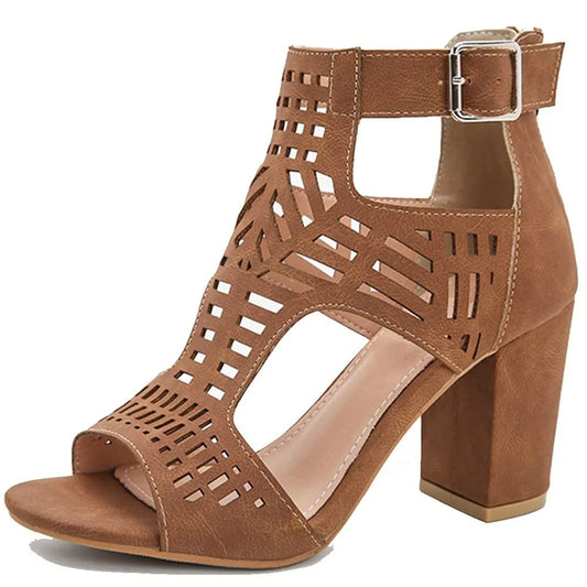 DoraTasia New Fashion Concise Women's Buckle High Heel Sandals Retro Hollow Out Design Chunky Heel Nightclub Ladies Sandals