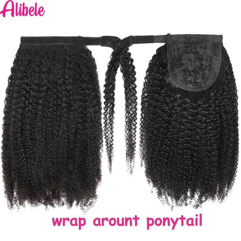 Alibele Afro Kinky Curly Drawstring Ponytail Human Hair Extensions Mongolian 4B 4C Remy 10-28 inch Clips In Wrap Around Ponytail