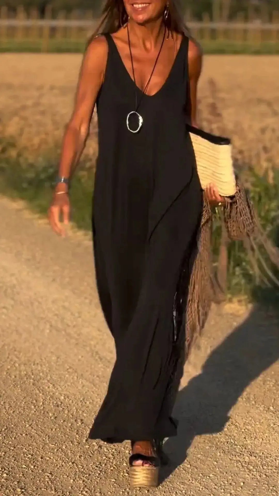 2025 Summer New Women's Fashion Solid Color Sexy V-neck Sleeveless Strap Casual Loose Long Ankle Dress