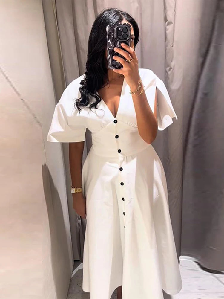 Elegant Single Breasted Long Dress Women White V-Neck Short Sleeve Female Party A-line Dresses 2025 Summer Lady Vacation Robes