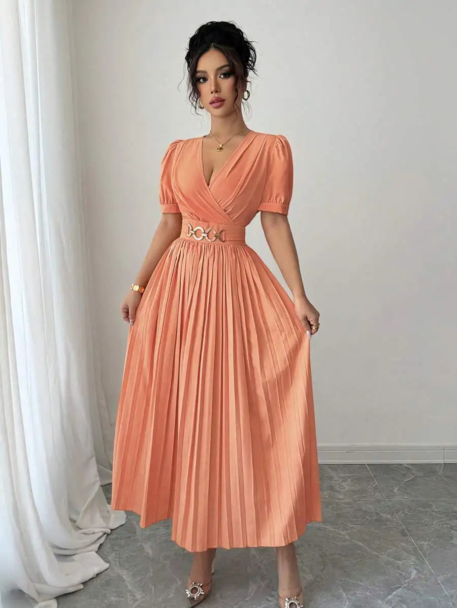 Peach Pleated A-Line Dress with V-Neck, Puffed Sleeves and Decorative Waist Belt