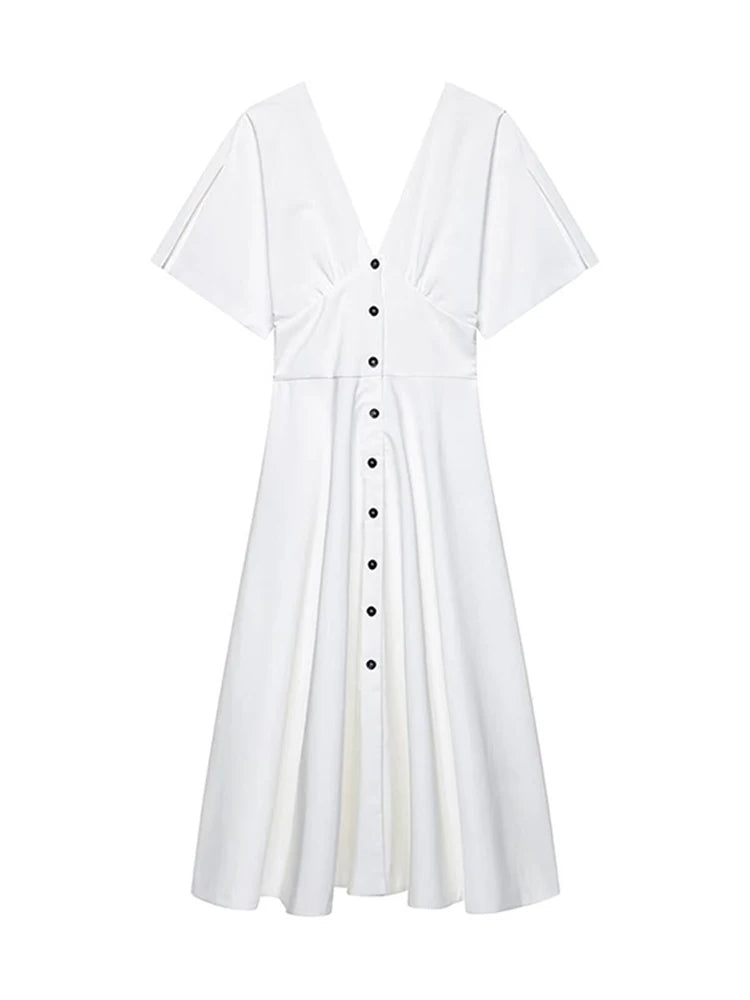 Elegant Single Breasted Long Dress Women White V-Neck Short Sleeve Female Party A-line Dresses 2025 Summer Lady Vacation Robes